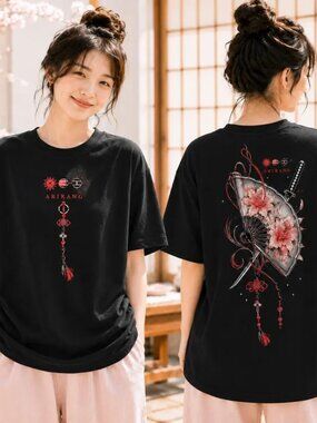 BTS Arirang Floral Folding Fan Shirt, Two Sided Pink Blossom Sword T Shirt